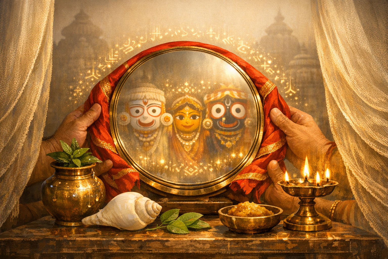 Hands hold a brass mirror draped in red, reflecting Jagannath, Balabhadra, and Subhadra; golden patterns glow as a diya, tulsi in a brass pot, a conch, and prasad rest on the temple altar.