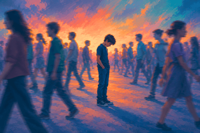 Digital painting of a lone teen standing still amid a blurred crowd at sunset, head bowed in warm light, symbolizing self-consciousness, isolation, and the first steps toward belonging.
