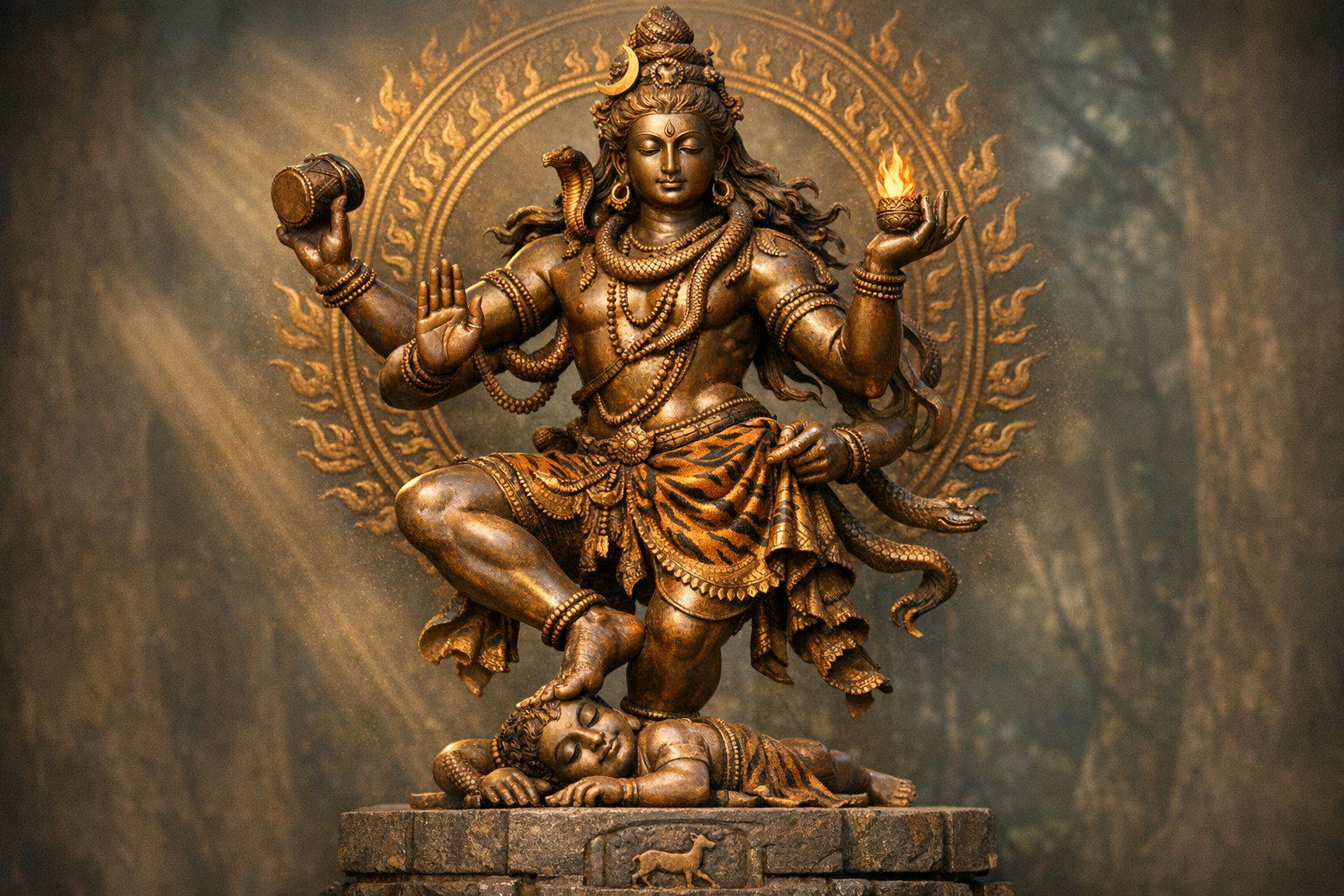 Bronze Nataraja statue of Shiva dancing in a flaming halo, damaru in one hand and fire in the other, right foot on the dwarf Apasmara; adorned with serpent, crescent moon, and tiger-skin wrap.
