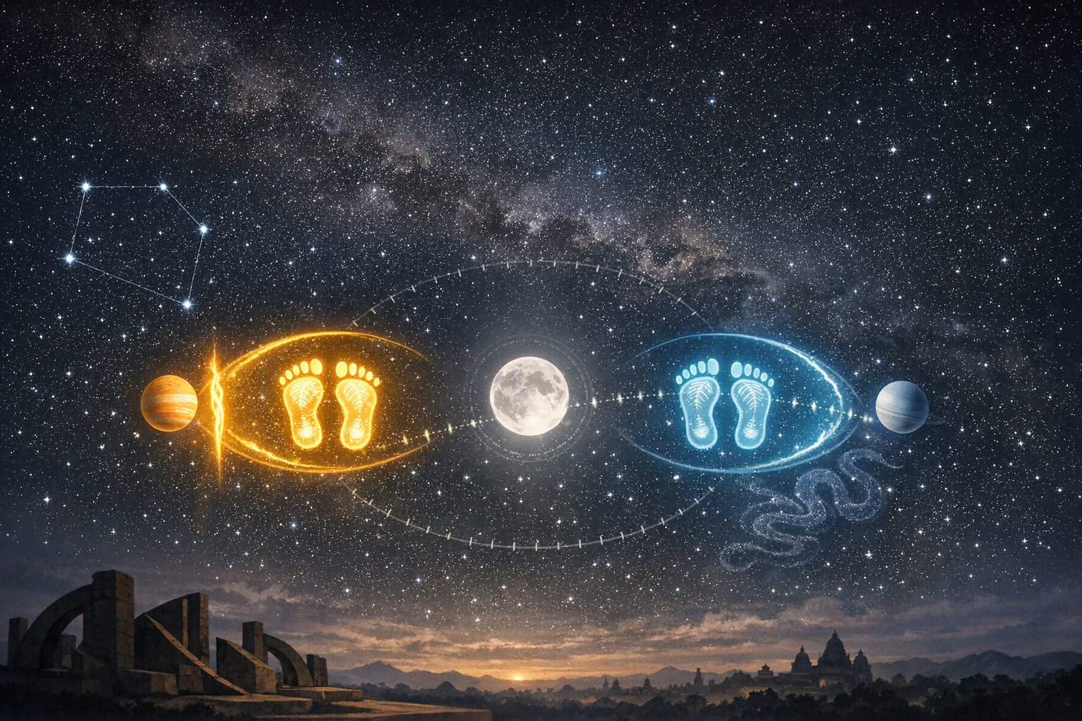 Star-filled sky with the Milky Way and a full moon centered between two luminous halos showing footprints—gold left, blue right—flanked by planets, constellations, and ancient observatory ruins.