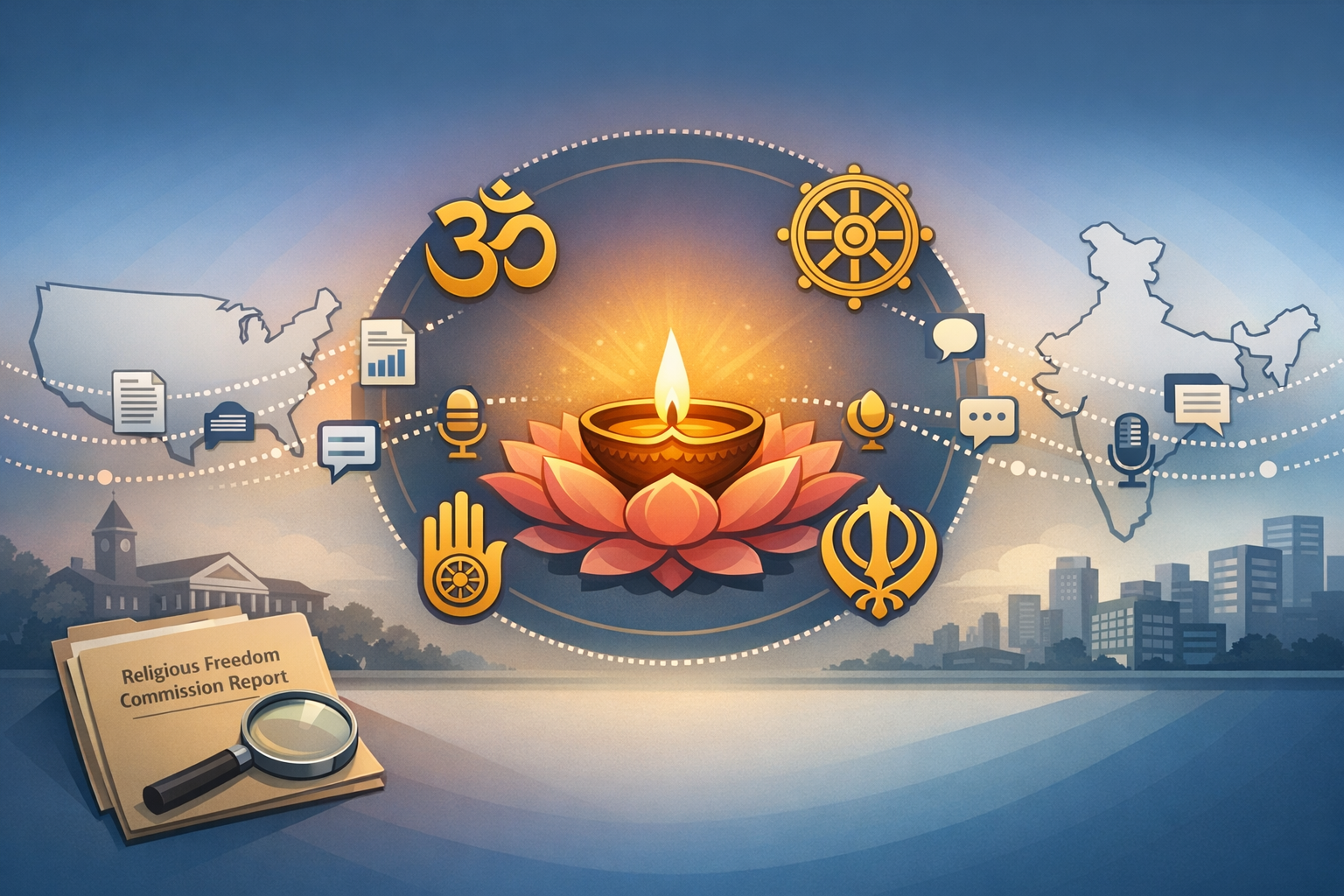 Diya on a lotus encircled by Hindu, Buddhist, Jain, and Sikh symbols, with India and U.S. maps, bubbles, and a folder labeled Religious Freedom report, suggesting interfaith policy dialogue.