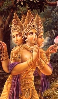 Painting of a three-faced, golden figure in ornate crowns and jewelry, hands in prayer, flanked by arms holding a mala and pink lotus, amid leafy trees; artwork used for an article exploring forgiveness.