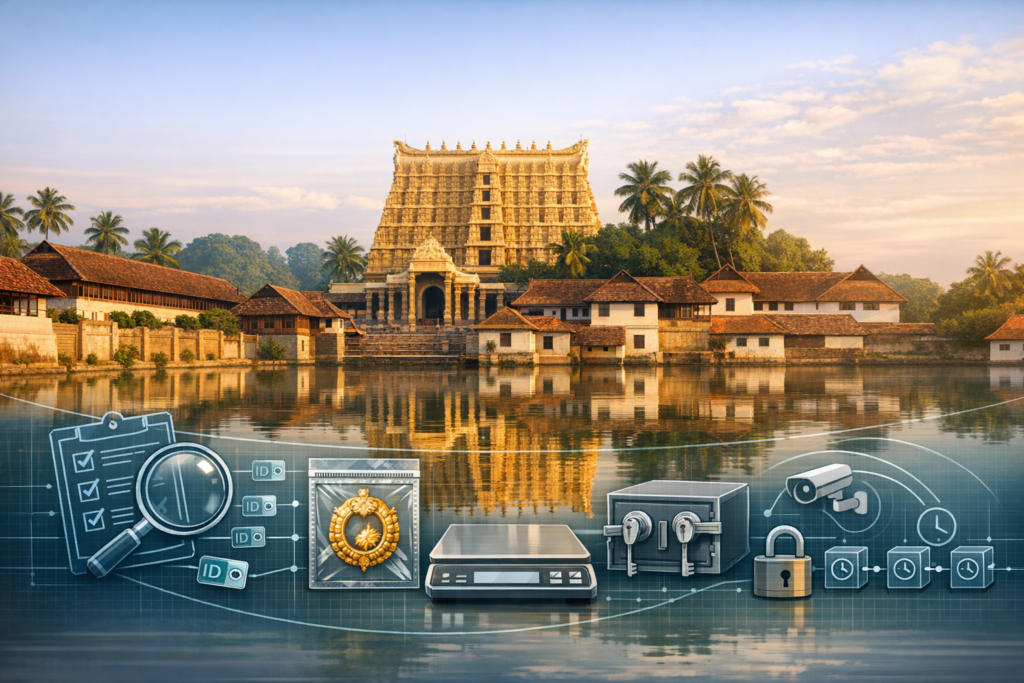 South Indian temple reflected in a calm tank at sunrise, with palms and shrines; overlay shows audit steps: checklist, ID tags, scale, dual-key safe, CCTV, padlock, timestamps.