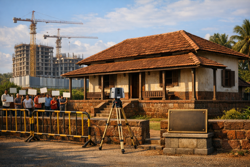 Traditional single-story house with tiled roof and shutters; a 3D laser scanner on a tripod faces the porch as people with blank placards stand by barriers and cranes over unfinished high-rises.