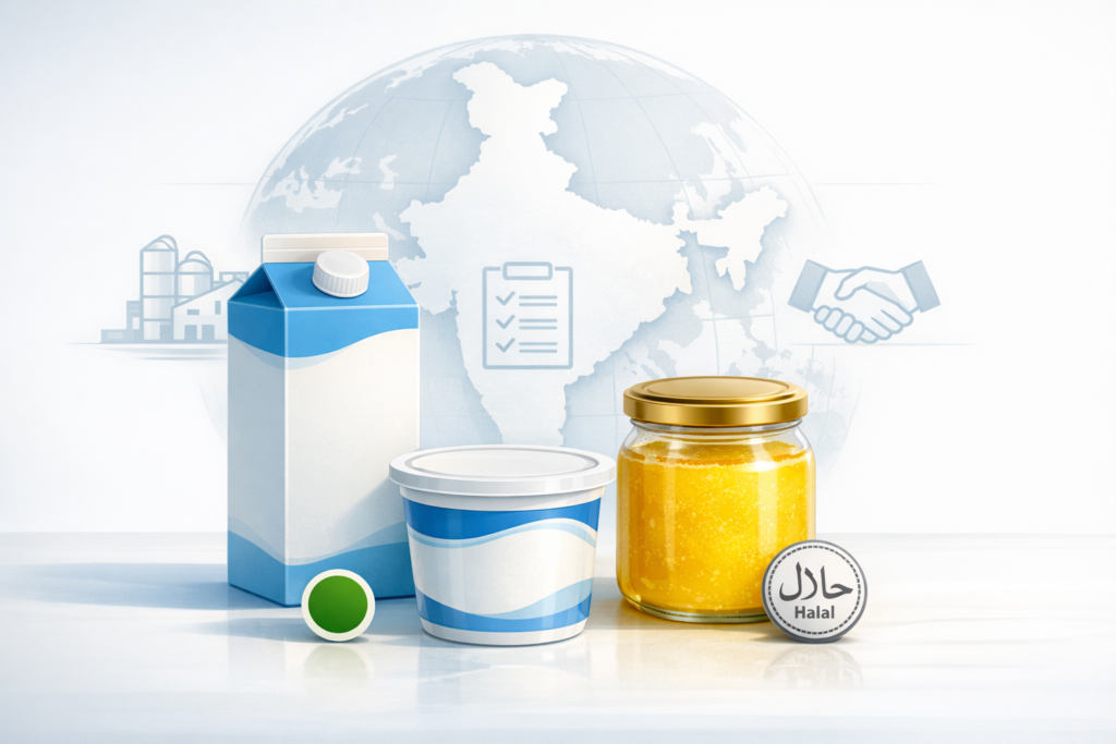 Milk carton, yogurt tub, and ghee jar with a Halal seal before a map of India, plus a green vegetarian dot, farm, checklist, and handshake icons, signaling FSSAI compliance and halal dairy exports.
