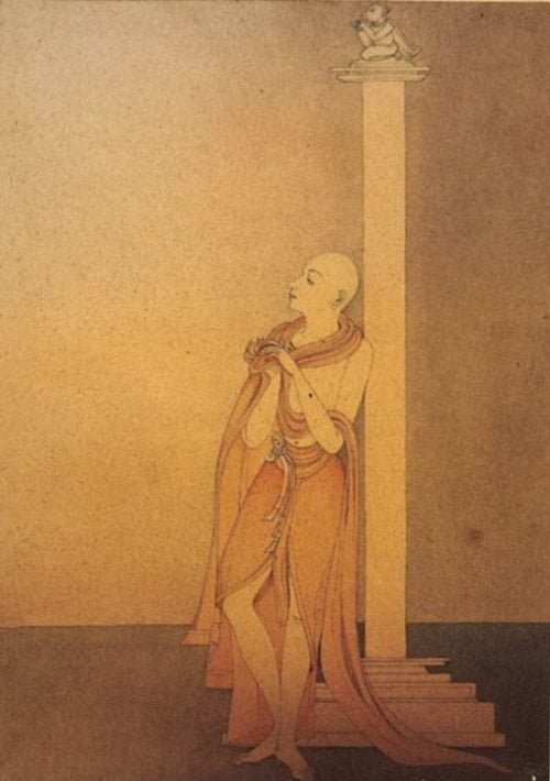 Warm-toned painting of a robed monk leaning by a tall column, hands clasped at the chest and eyes lifted; minimal background and sepia palette convey calm, focus, and rhythm of meditative chanting.
