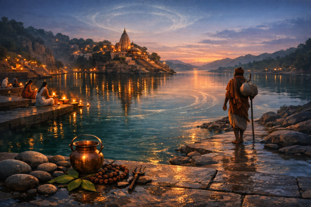 At dusk, a pilgrim stands on stone ghats by a calm river lit with floating diyas, facing a hilltop temple; copper kalash, rudraksha beads, and trishul rest in foreground; starry spiral crowns the sky.