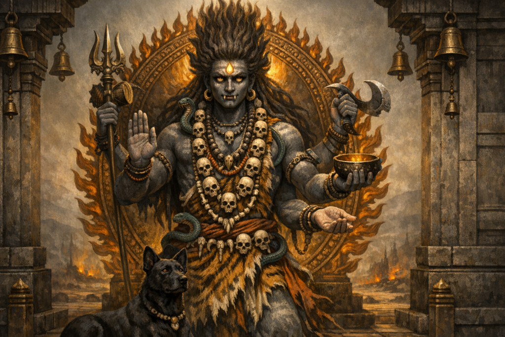 Digital painting of a fierce Shiva Bhairava figure with multiple arms, trident, skull garlands, third eye, and a black dog, ringed by a flaming halo inside a stone temple hung with bells.