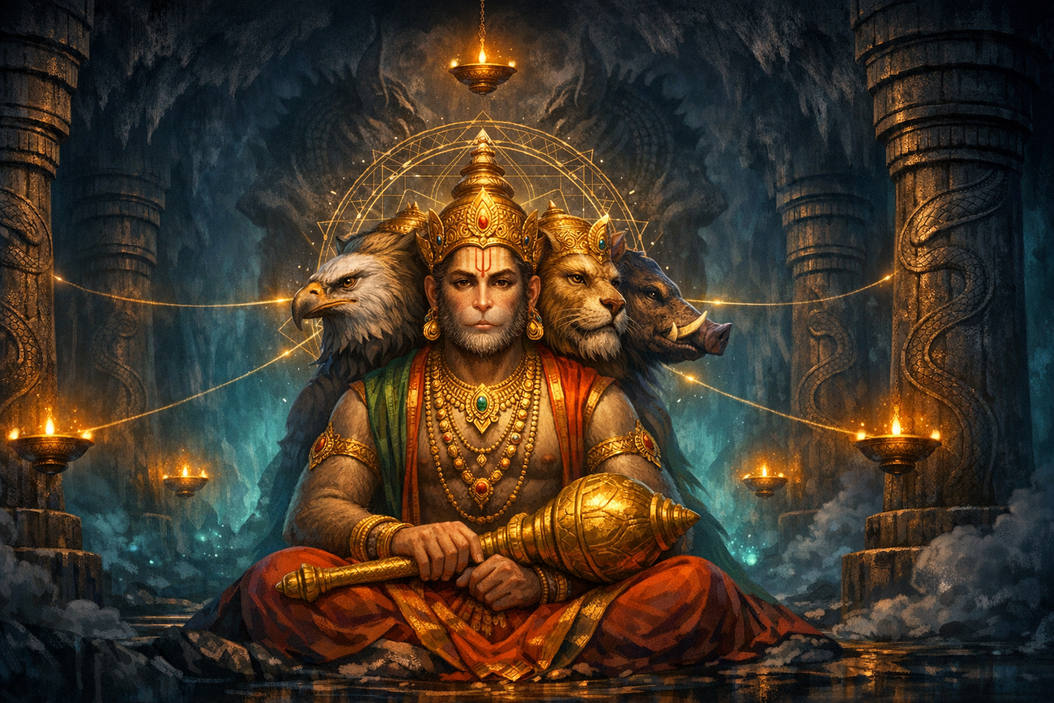 Hanuman sits in a lamp-lit cave temple, crowned and holding a golden gada. A glowing mandala halos him as eagle, lion, and boar aspects rise behind; serpent-carved pillars surround.