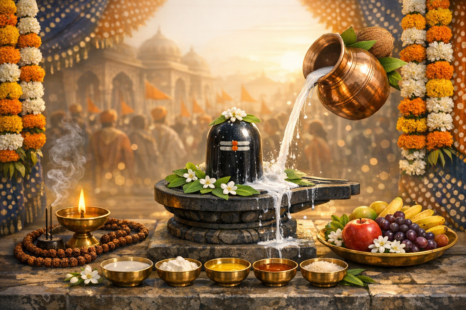 Shiva Lingam abhishekam: milk pours from a copper kalash onto a black lingam with jasmine and leaves, beside a diya, incense, rudraksha, brass panchamrit bowls, and a fruit offering on a stone altar.