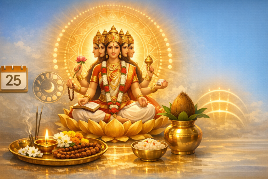Multi-faced Hindu goddess on a lotus with golden halo, holding lotus, rosary, book, pot and spoon. Pooja thali with diya, incense, sweets and kalash in front; a calendar shows 25 for {post.categories}.