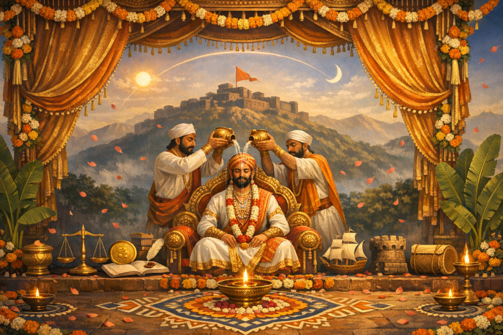 Illustrated coronation of a Maratha ruler under marigold canopies; attendants pour ritual water as oil lamps glow. A hilltop fort with saffron flag, scales, ship, and scrolls evoke justice and trade.