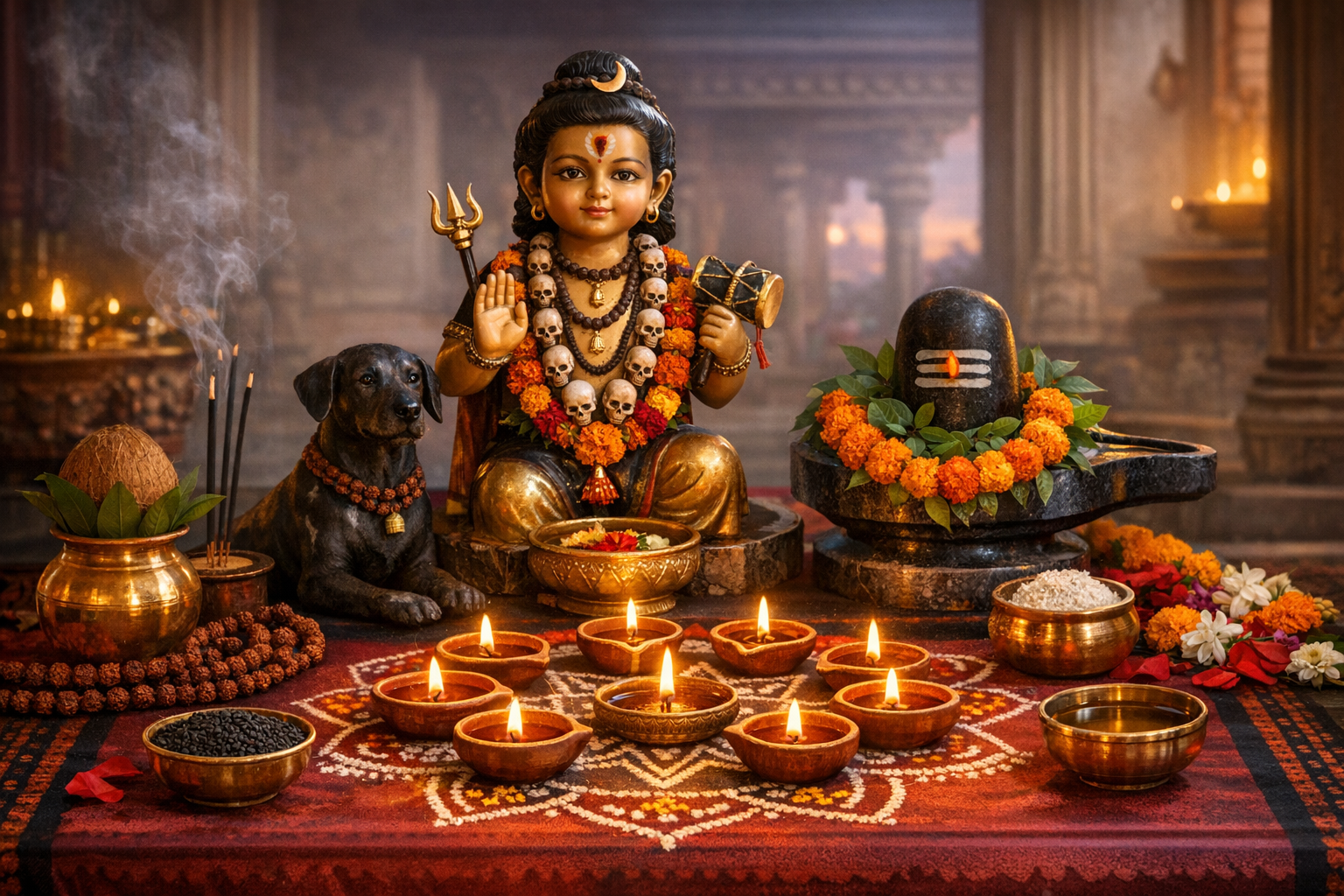 Child-form Shiva idol with trishul and damaru beside a garlanded Shiva lingam, surrounded by diyas, rangoli, incense, bowls, coconut kalash, and a black dog statue in a Hindu temple puja setup.