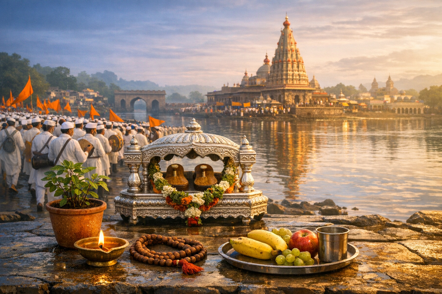 Sunrise at a riverside Hindu temple as a large pilgrimage procession moves along the ghats; foreground shows a silver palanquin with garlands, tulsi plant, lit diya, prayer beads, and fruit offerings.
