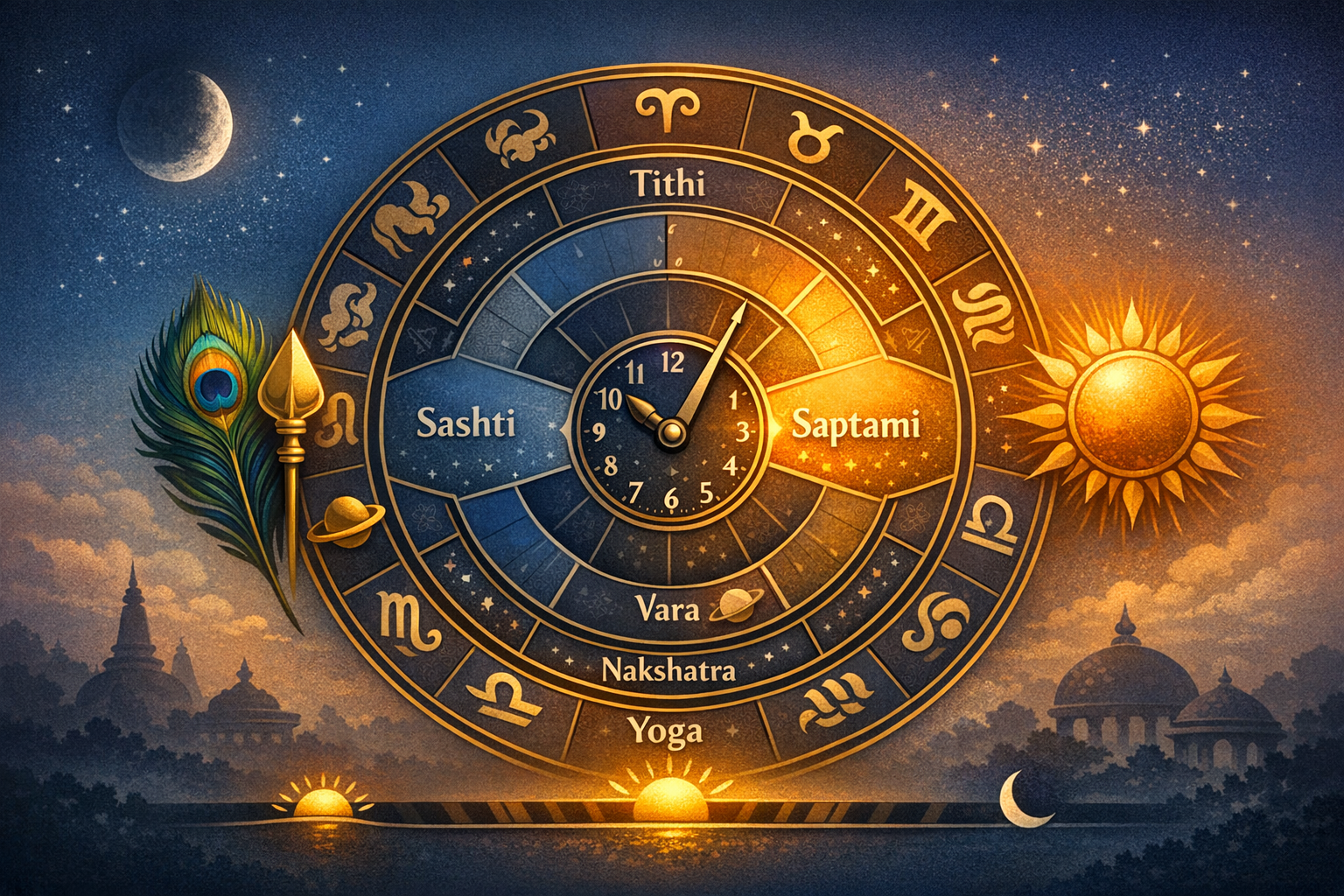 Vedic panchang wheel with zodiac signs; rings for Tithi, Vara, Nakshatra and Yoga. A clock shifts from Sashti to Saptami as sun and moon mark day–night above a temple skyline.