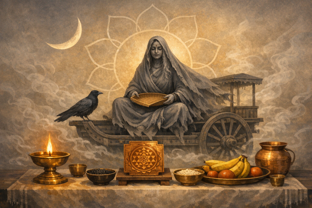Illustration of Hindu goddess Dhumavati on a horseless chariot with a crow and winnowing basket; in front are a diya, brass vessels, Sri Yantra, bananas, rice, black sesame, under a crescent moon.