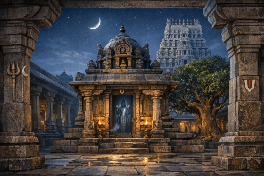 Moonlit South Indian Hindu temple courtyard with a central stone sanctum, deity statue and oil lamps; a tall gopuram behind, a banyan beside, and wet granite paving glowing under a starry sky.