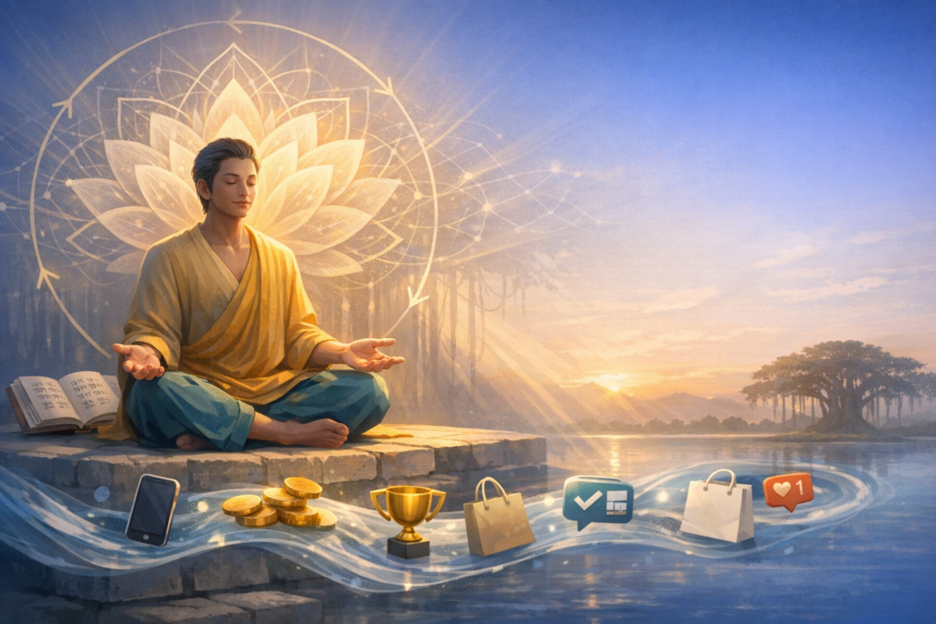 Serene meditator by a lakeside at sunrise, haloed by a glowing lotus mandala, while icons of a phone, coins, a trophy and shopping bags drift past, symbolizing mindful focus over distractions.