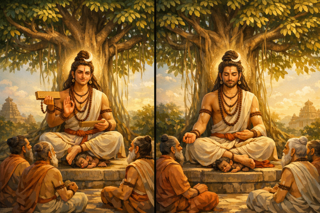 Diptych of a yogic guru under a banyan tree: left, he teaches with palm‑leaf scriptures; right, he meditates in jnana mudra. Disciples sit around, temples beyond, a child sleeping at his feet.