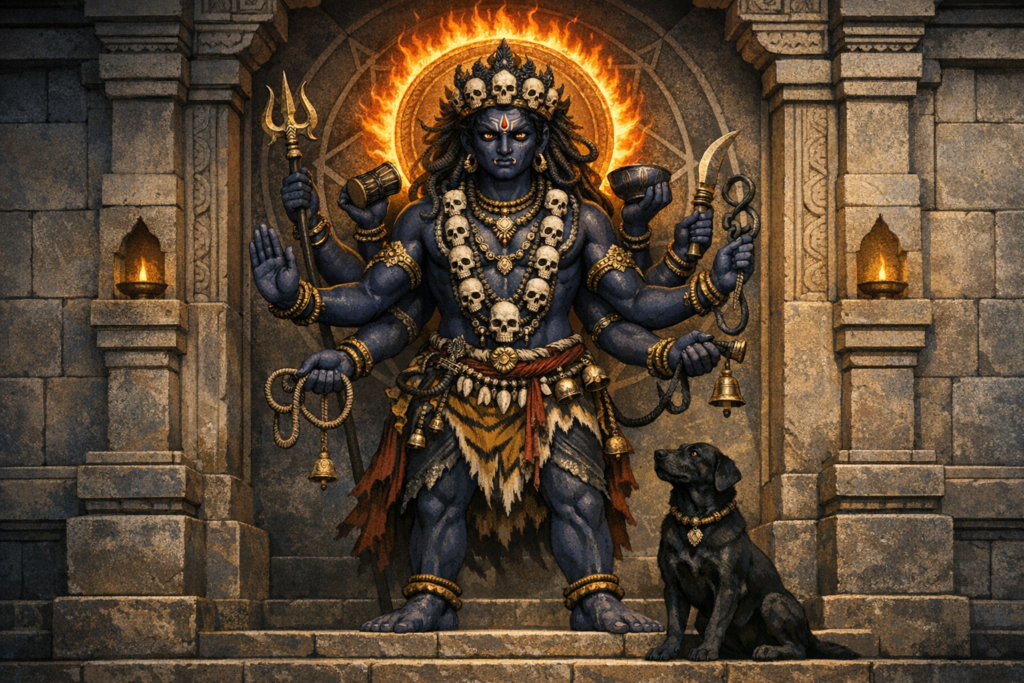 Stone sanctum artwork of Kala Bhairava, blue multi-armed Hindu deity with flaming halo, skull garlands, trident, drum and blade, with a black dog beside lit temple lamps and carved pillars.