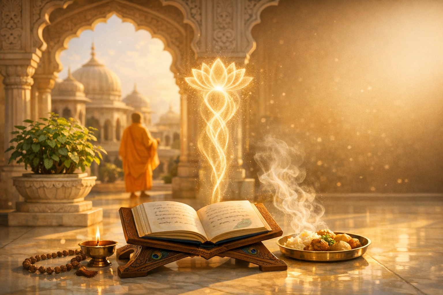 Sunlit marble courtyard framed by ornate arches; an open manuscript on a carved stand with oil lamp, beads, and steaming offering, as a glowing lotus motif rises; a robed figure stands beyond.