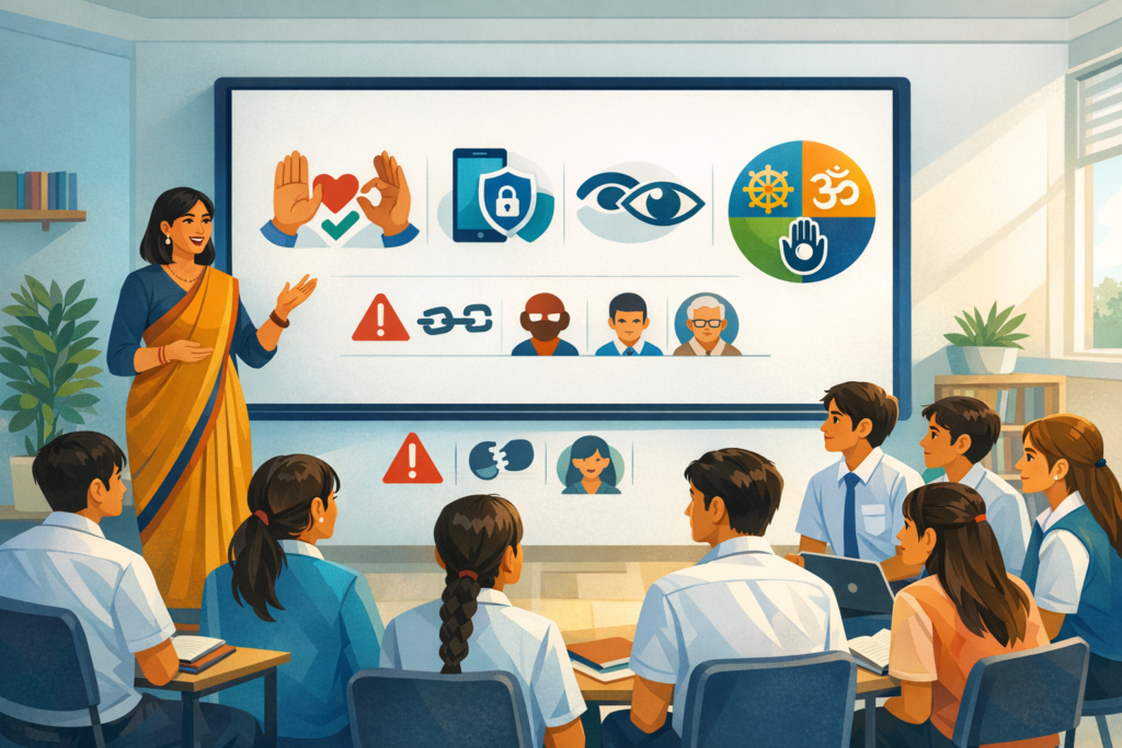 A teacher in a sari leads a digital citizenship and media literacy lesson, pointing to icons for consent, privacy, online safety, bias alerts, and interfaith respect as uniformed students take notes.