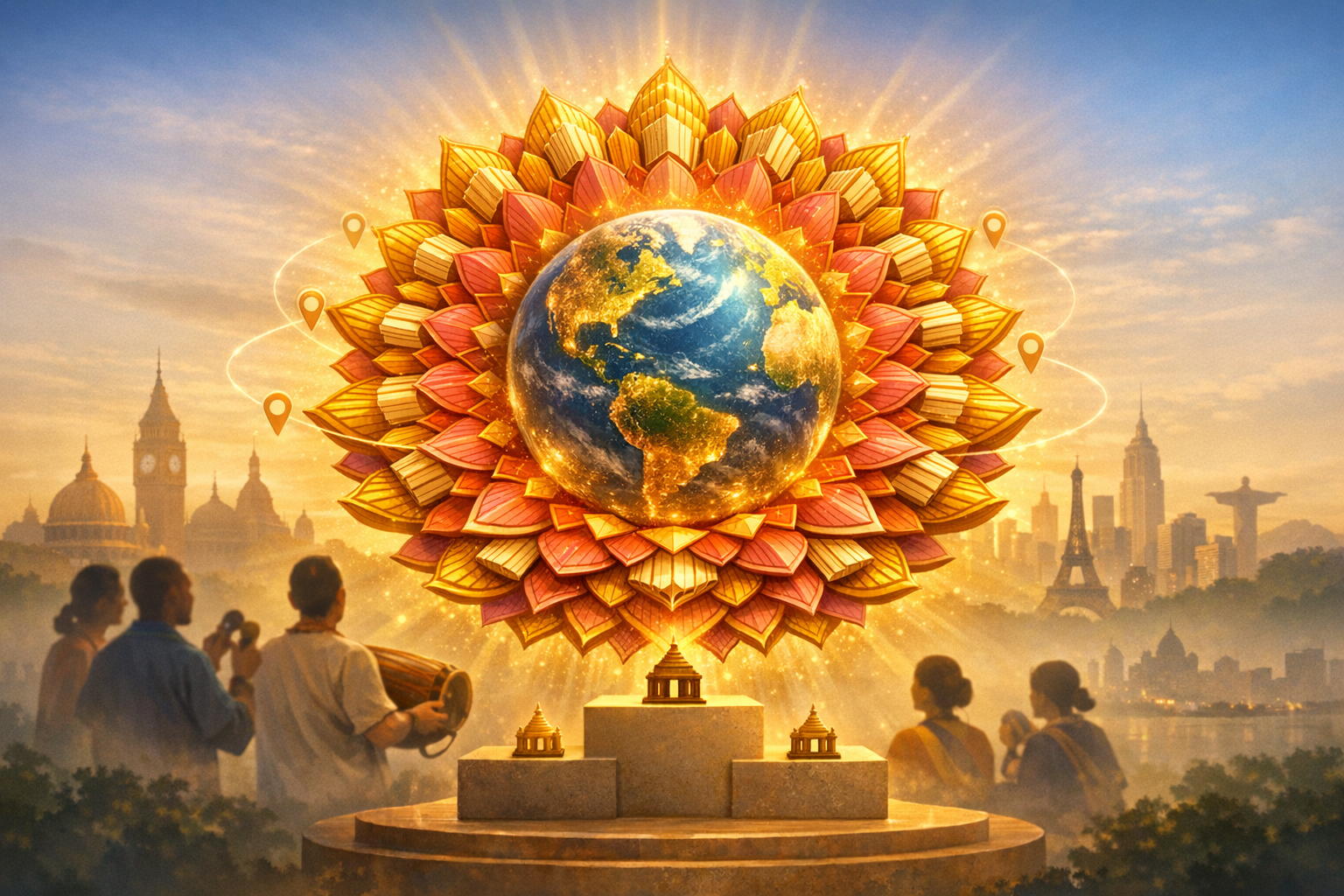 Glowing Earth framed by a lotus mandala hovers above a pedestal of tiny temples, while people play drums and cymbals before global landmarks—uniting {post.categories} worldwide.