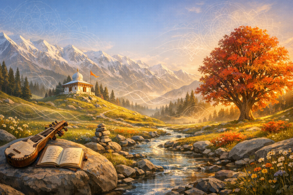 Golden-hour Himalayan valley with a white hilltop temple and saffron flag, a clear stream, wildflowers, and a red-gold tree; foreground shows a cairn, stringed instrument, and open book.