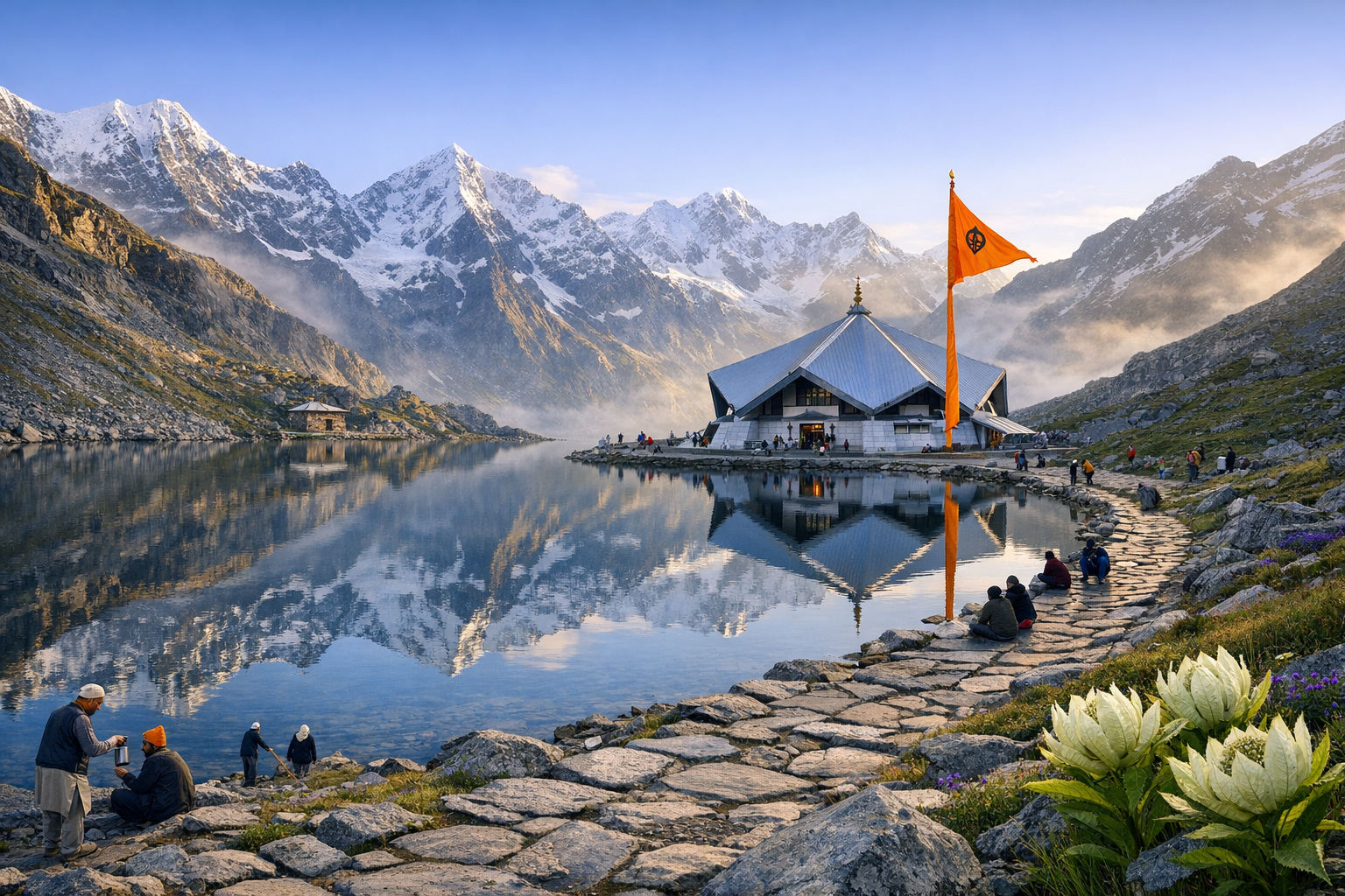 Hexagonal gurdwara at Hemkund Sahib by a still alpine lake, saffron Nishan Sahib flag, snow-clad Himalayan peaks, stone path and pilgrims in soft light, Uttarakhand, India, with alpine wildflowers.