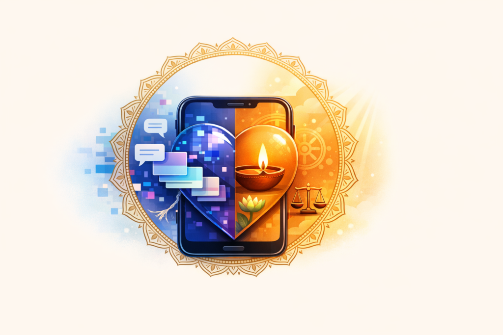 Illustration of a smartphone split: left shows blue chat bubbles and pixels forming a heart; right glows with a golden heart, oil lamp, lotus and scales, for AI ethics, privacy, and digital wellbeing.