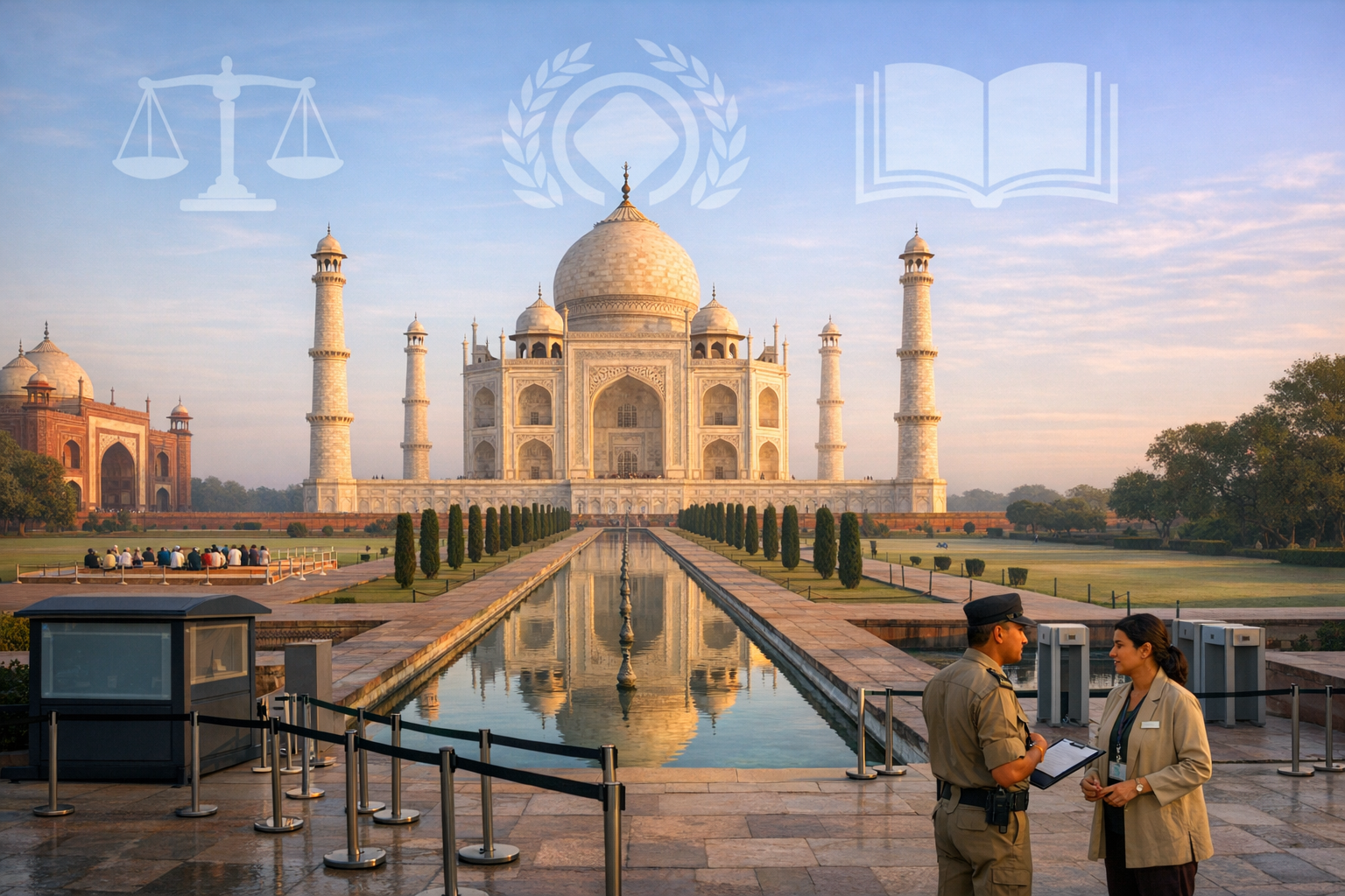 Sunrise at the Taj Mahal in Agra, its dome mirrored in the long pool. Two staff confer by gates as faint justice, heritage, and learning icons signal policy and preservation in {post.categories}.