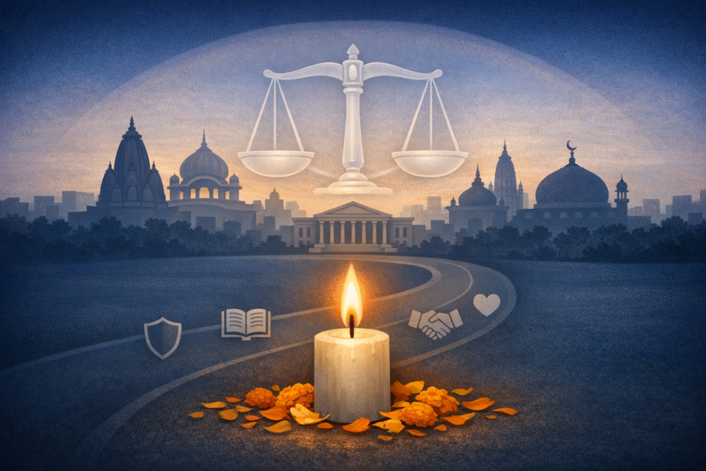 Illustration of a candle with marigold petals before a courthouse and a skyline of temples and mosques, beneath scales of justice; icons for safety and learning highlight civic rights and secularism.