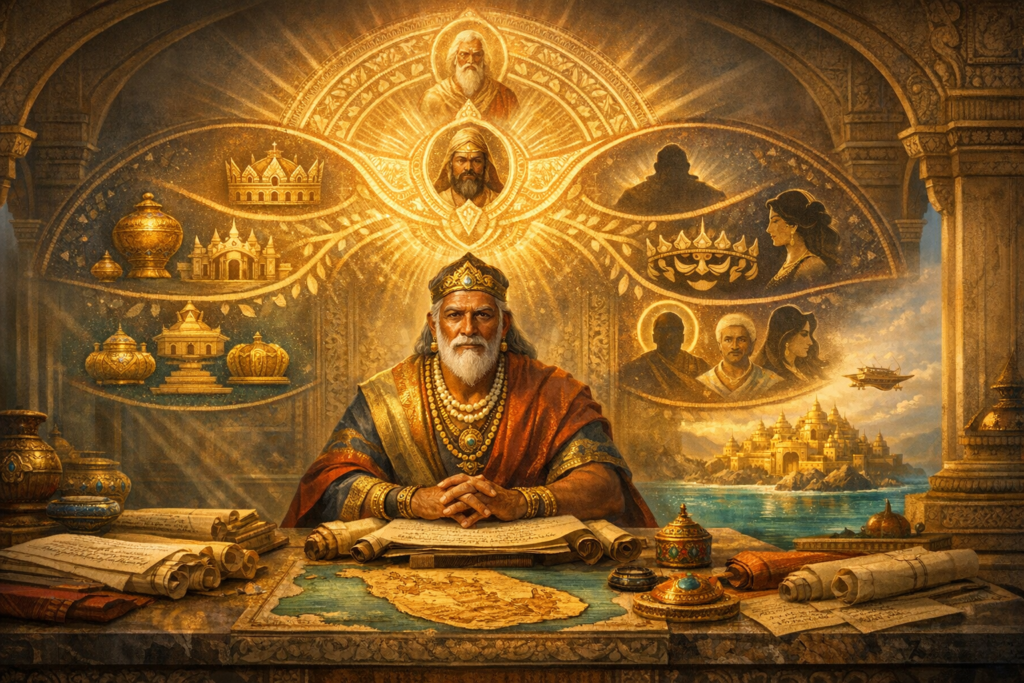 Golden illustration of an elder monarch at a desk of scrolls and a coastal map, while radiant portraits, crowns, temples, and a distant citadel weave a haloed tapestry—echoing {post.categories}.