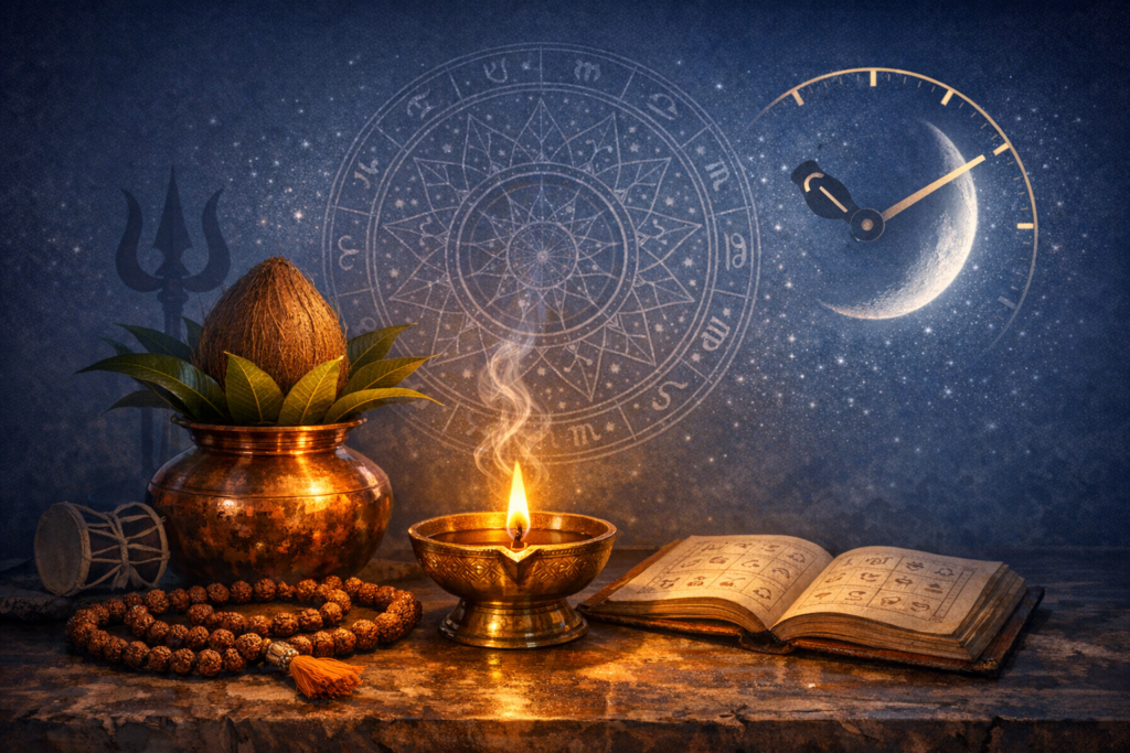 Brass kalash with coconut and leaves, a lit diya, rudraksha mala, and an open astrological book on stone; backdrop shows a zodiac mandala, crescent moon clock, trishul and damru, evoking Vedic muhurat.