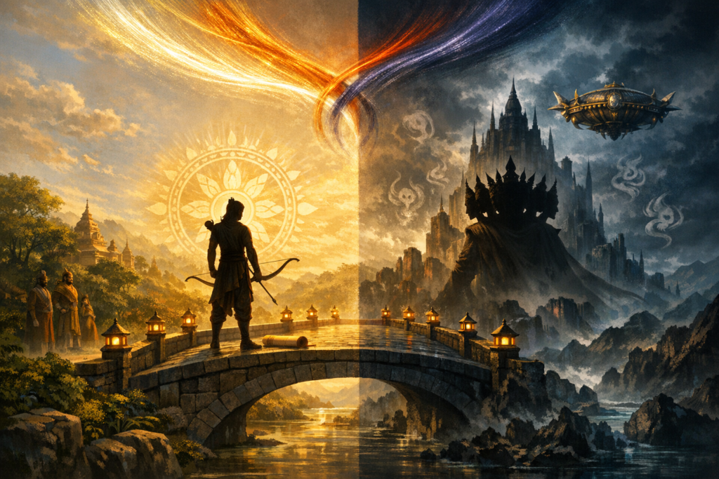 Split epic mythology scene of an archer on a lantern-lit bridge between a sunlit temple valley and a stormy citadel with a many-headed shadow and flying craft; swirling light streaks meet overhead.