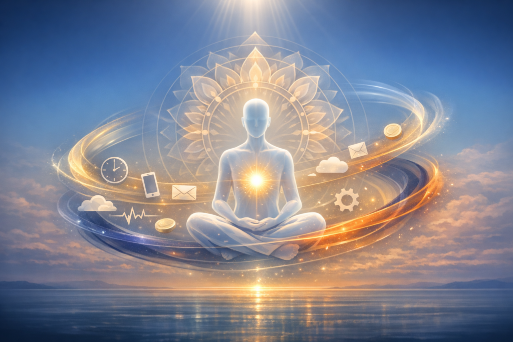 Serene illustration of a luminous figure meditating above calm water, haloed by a mandala, while icons for clock, email, phone, cloud, coin and gear orbit, signaling balanced productivity.
