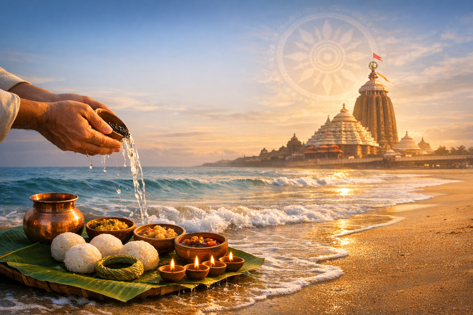 At sunrise, hands pour water into the sea beside lit diyas and prasad on a banana leaf. In the distance, a coastal Hindu temple rises—evoking pilgrimage, culture, and spiritual travel in India.
