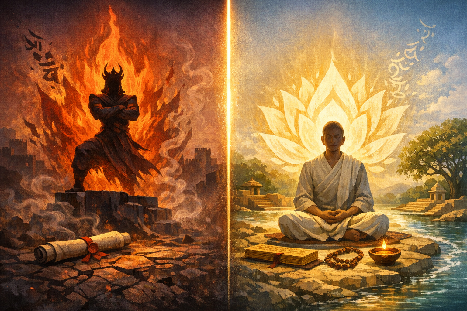 Split artwork shows a horned armored figure wreathed in flames before ruins, contrasted with a robed meditator by a river glowing with a lotus aura; scrolls and beads suggest mindfulness and wisdom.
