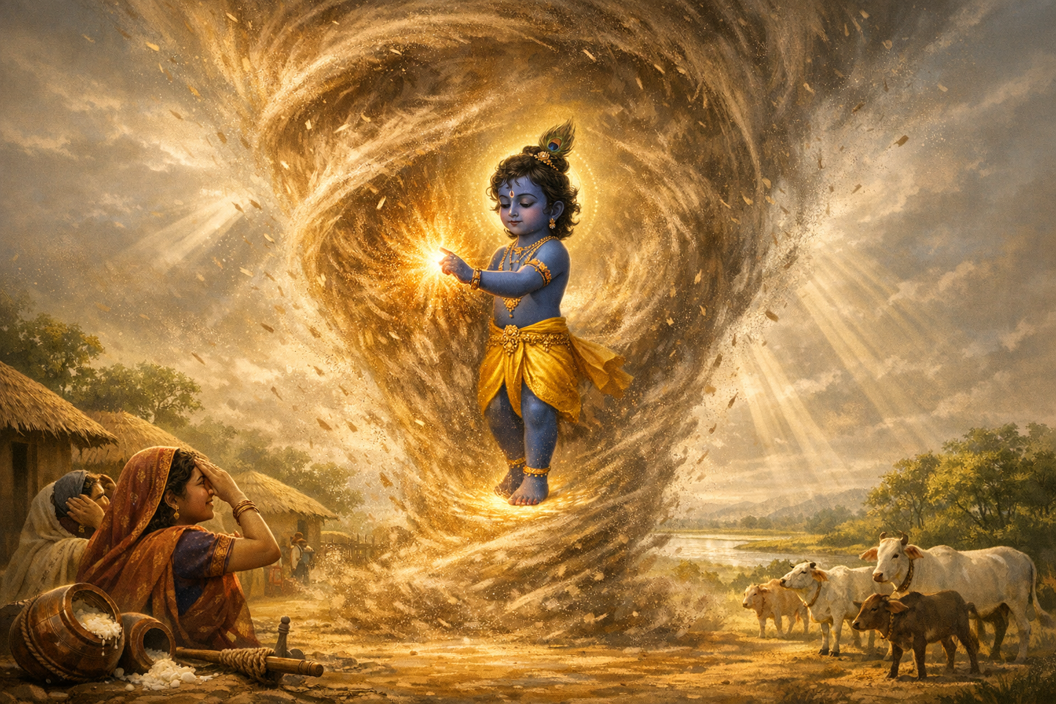 Digital painting of child Krishna glowing gold as he calms a village tornado; women in saris shield their faces at left, cows watch at right, sunbeams break through; devotional Hindu mythology art.