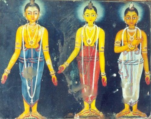 Devotional painting of three haloed figures side by side, adorned with bead garlands and dhotis, hands extended in blessing against a dark backdrop, evoking Gauranga meditation for testing.