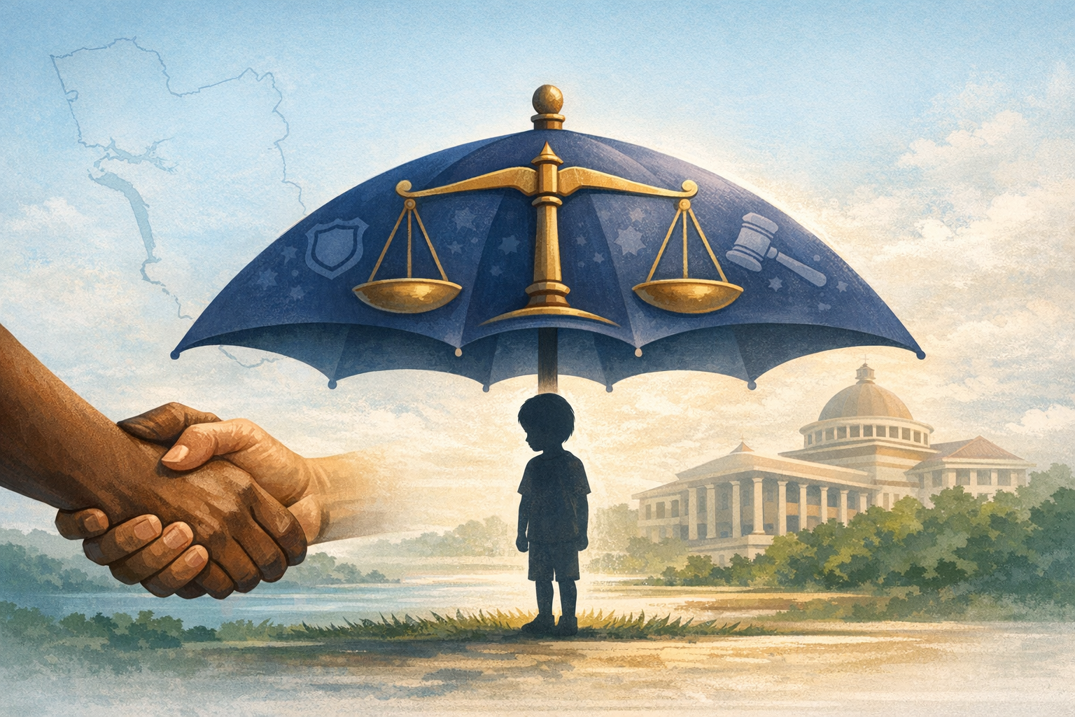 Illustration of a child under a blue umbrella shaped like the scales of justice, with legal icons, a courthouse, and a handshake—symbolizing child protection, legal aid, and juvenile justice.
