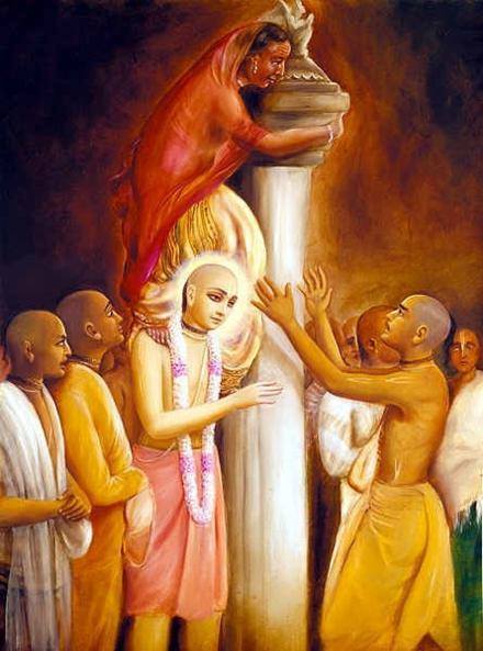 Painting of a robed group encircling a calm, garlanded figure while a woman leans from atop a tall column; hands raised in dialogue, warm earth tones, peer interaction and group dynamics testing.