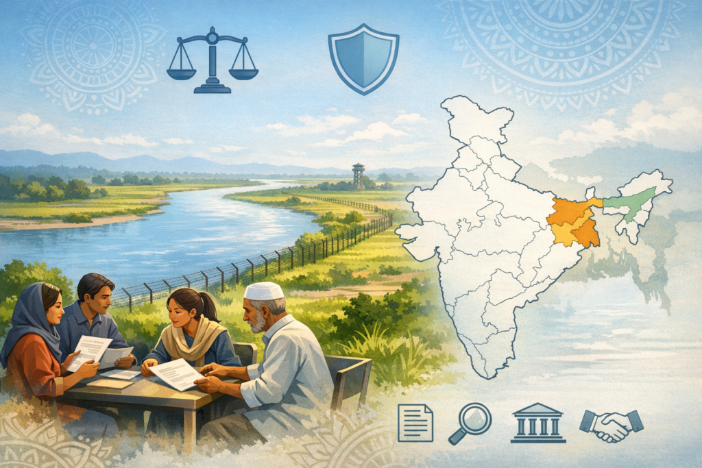 Illustration of the India–Bangladesh river border with fence; four people review citizenship papers; India map highlights Assam and Northeast; justice and security icons suggest NRC/CAA policy.