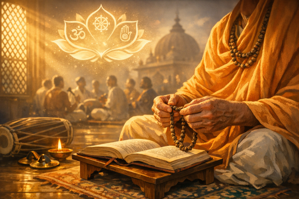 A robed practitioner counts mala beads beside an open scripture on a low stand as musicians chant in a sunlit temple; diya, kartals, and drum glow beneath lotus icons—spirituality, meditation, dharma.