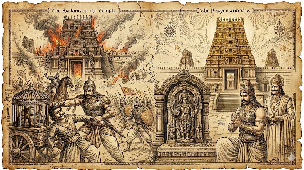 Antique-style diptych: left, a South Indian temple burns amid a raid and prisoners; right, an armored warrior kneels before a deity, pledging to defend a restored Vijayanagara shrine.