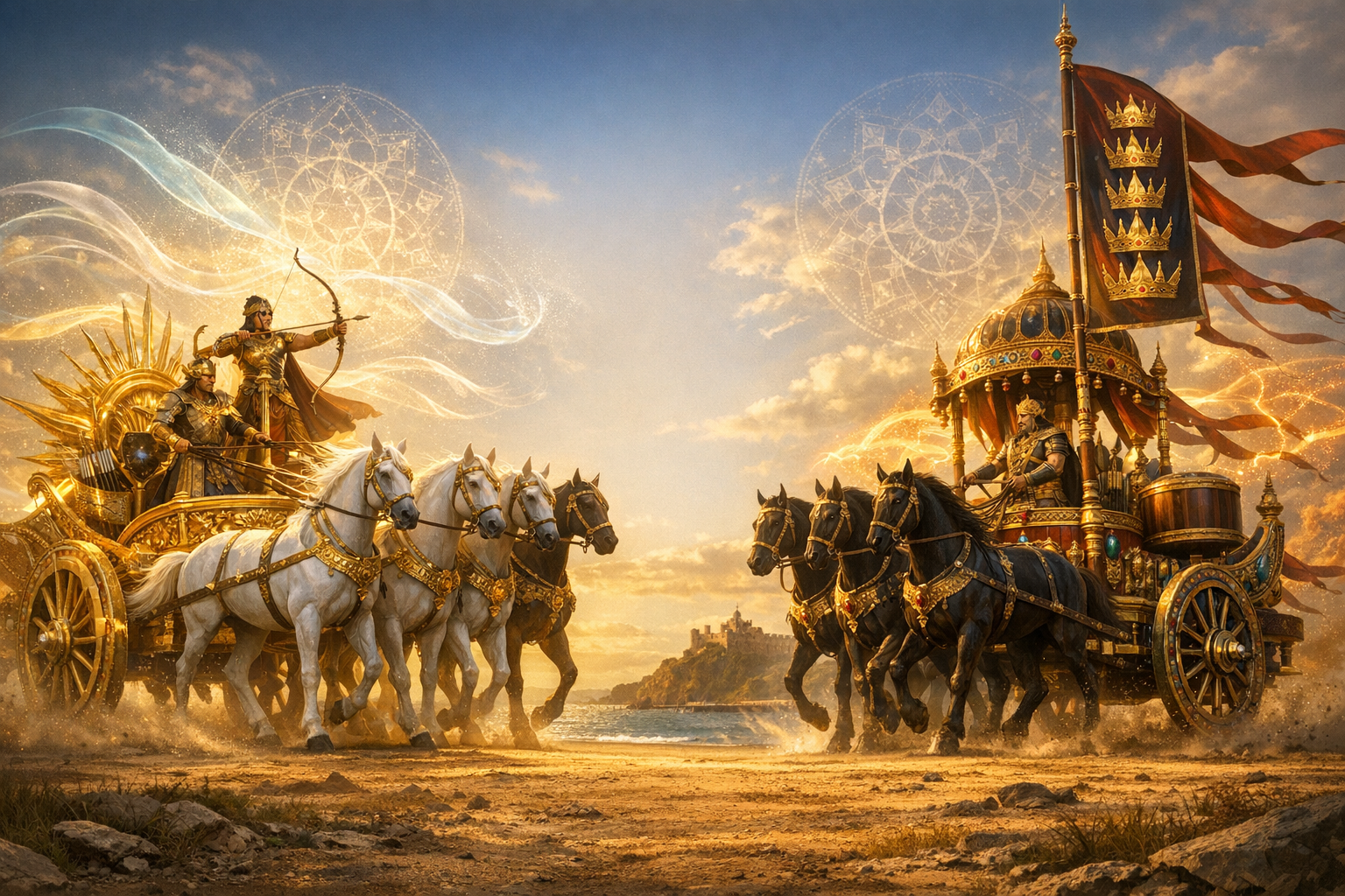 Mythology-inspired battle at sunset: a gold chariot with a standing archer drawn by four white horses races forward, meeting a jewel-studded chariot of black horses with banners and a crowned commander.