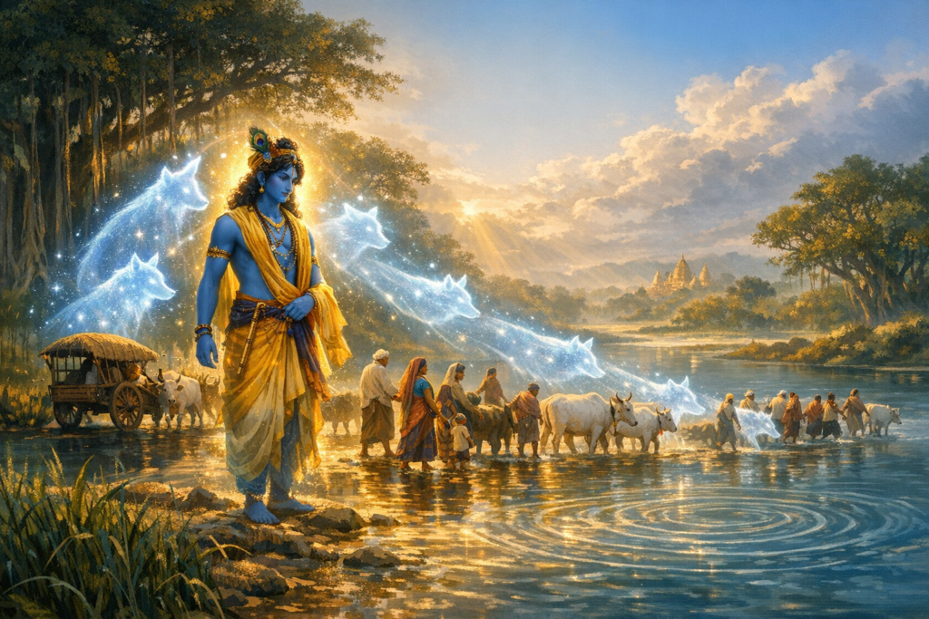 Digital painting of Krishna by a river, glowing with a halo as villagers and cattle ford the water; starry cow spirits arc overhead, sunrise rays and a distant temple light the pastoral scene.