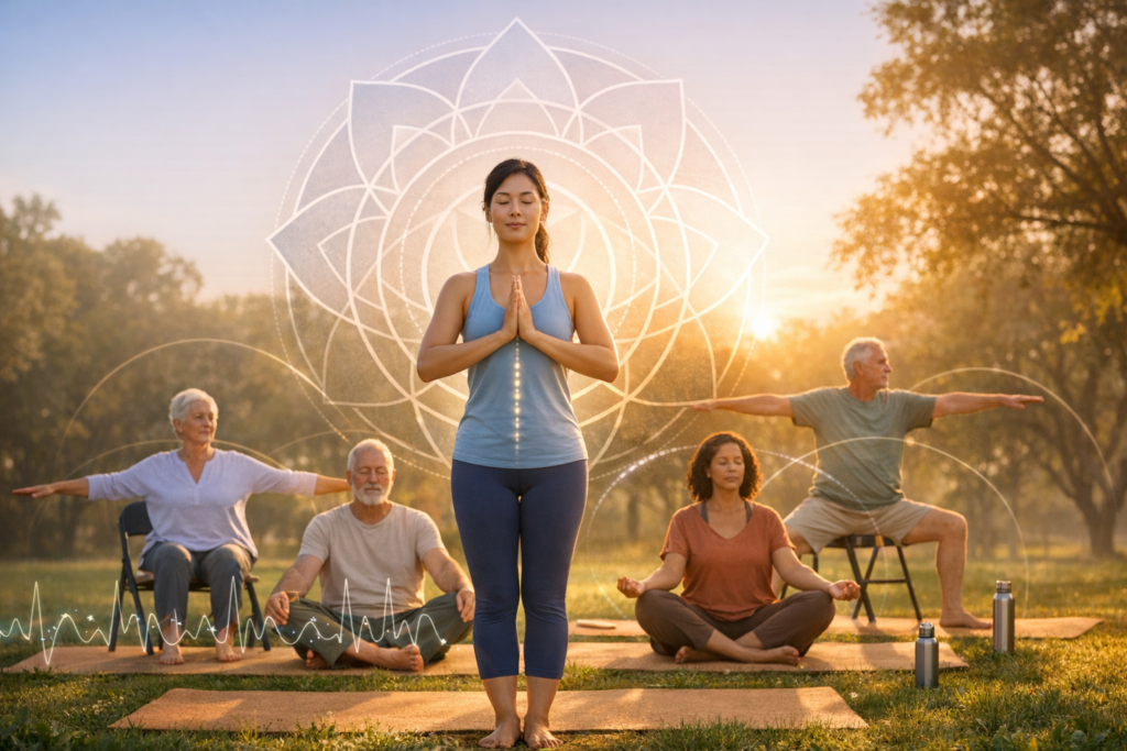 At sunrise, a woman stands in prayer pose guiding a mixed‑age group doing yoga on mats and chairs in a park, with overlaid mandala lines and a heartbeat graphic across the scene for wellness.