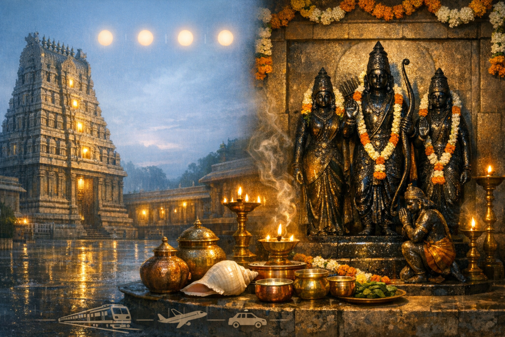 Rain-washed South Indian temple with illuminated gopuram at dusk, paired with a sanctum of Rama, Sita, Lakshmana and Hanuman adorned with garlands, brass lamps and puja vessels, inviting pilgrimage.