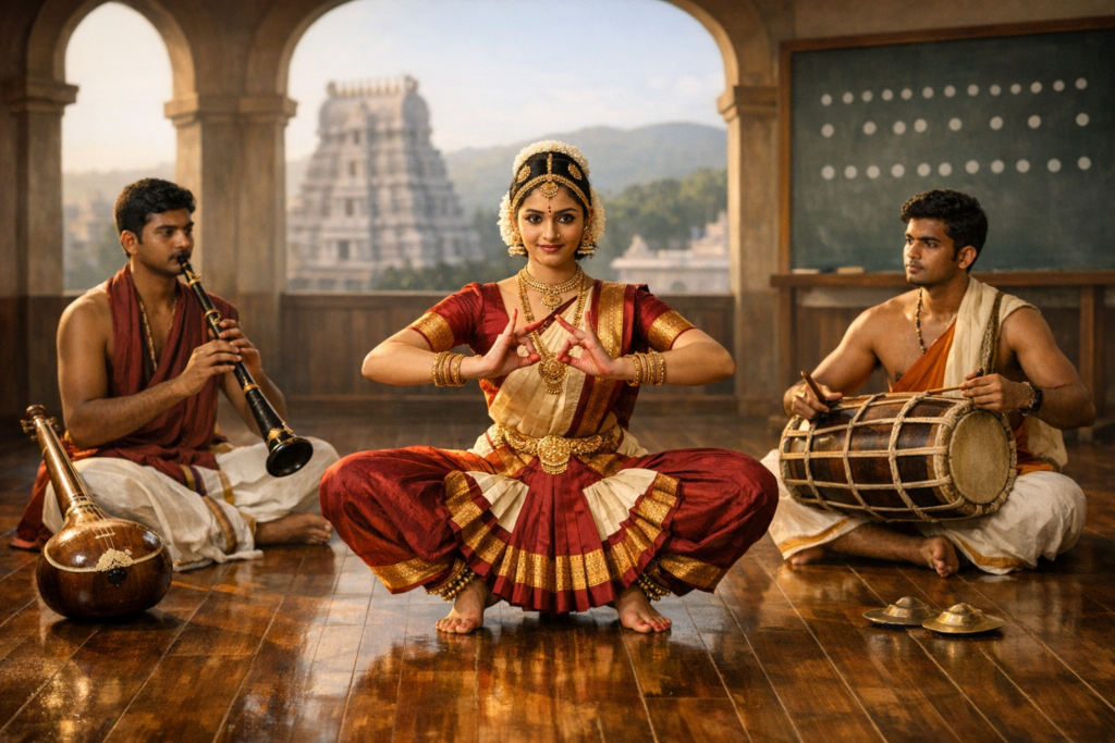Bharatanatyam dancer in red-gold silk holds a hand mudra in aramandi as two musicians accompany on nadaswaram and mridangam, set in a sunlit hall with polished floor and a temple gopuram beyond.